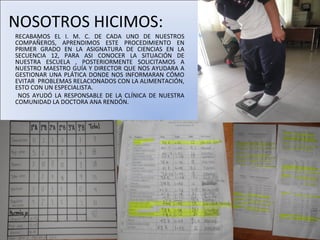 NOSOTROS HICIMOS:
RECABAMOS EL I. M. C. DE CADA UNO DE NUESTROS
COMPAÑEROS, APRENDIMOS ESTE PROCEDIMIENTO EN
PRIMER GRADO EN LA ASIGNATURA DE CIENCIAS EN LA
SECUENCIA 12, PARA ASI CONOCER LA SITUACIÓN DE
NUESTRA ESCUELA , POSTERIORMENTE SOLICITAMOS A
NUESTRO MAESTRO GUÍA Y DIRECTOR QUE NOS AYUDARA A
GESTIONAR UNA PLÁTICA DONDE NOS INFORMARAN CÓMO
EVITAR PROBLEMAS RELACIONADOS CON LA ALIMENTACIÓN,
ESTO CON UN ESPECIALISTA.
 NOS AYUDÓ LA RESPONSABLE DE LA CLÍNICA DE NUESTRA
COMUNIDAD LA DOCTORA ANA RENDÓN.
 