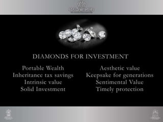 DIAMONDS FOR INVESTMENT
Portable Wealth
Inheritance tax savings
Intrinsic value
Solid Investment
Aesthetic value
Keepsake for generations
Sentimental Value
Timely protection
 