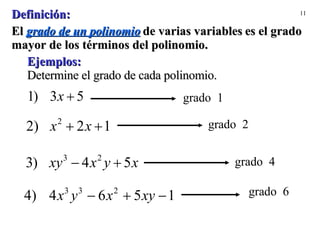 Ejemplos: Determine el grado de cada polinomio. Definición: El  grado de un polinomio   de varias variables   es el grado mayor de los términos del polinomio. 