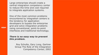 40
Large enterprises should create a
central integration competency center
to reduce the time and cost required
to integrate application systems.
One of the most common problems
encountered by integration centers is
the tendency for application
developers to bypass the enterprise
grid and solve integration problems
using conventional, point-to-point
interfaces and traditional technology.
There is no easy way to prevent
this problem.
Roy Schulte, Gary Long, Gartner
Group The Role of the Integration
Competency Center, 2002
 