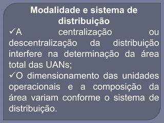 Modalidade e sistema de
distribuição
A centralização ou
descentralização da distribuição
interfere na determinação da área
total das UANs;
O dimensionamento das unidades
operacionais e a composição da
área variam conforme o sistema de
distribuição.
 