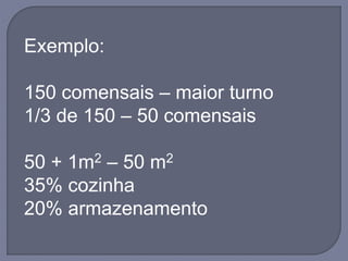 Exemplo:
150 comensais – maior turno
1/3 de 150 – 50 comensais
50 + 1m2 – 50 m2
35% cozinha
20% armazenamento
 