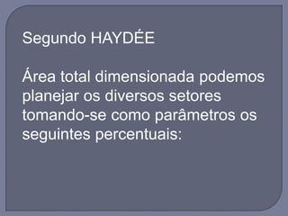Segundo HAYDÉE
Área total dimensionada podemos
planejar os diversos setores
tomando-se como parâmetros os
seguintes percentuais:
 