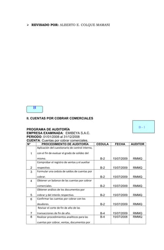  REVISADO POR: ALBERTO E. COLQUE MAMANI
II. CUENTAS POR COBRAR COMERCIALES
PROGRAMA DE AUDITORÍA
EMPRESA EXAMINADA: EMIBEYA S.A.C.
PERIODO: 01/01/2008 al 31/12/2008
CUENTA: Cuentas por cobrar comerciales.
N° PROCEDIMIENTO DE AUDITORÍA CEDULA FECHA AUDITOR
1
Aplicación del cuestionario de control interno,
con el fin de evaluar el grado de solidez del
mismo. B-2 15/07/2009 RMMQ
2
Comprobar el registro de ventas y el auxiliar
respectivo. B-2 15/07/2009 RMMQ
3 Formular una cedula de saldos de cuentas por
cobrar. B-2 15/07/2009 RMMQ
4 Obtener un balance de las cuentas por cobrar
comerciales. B-2 15/07/2009 RMMQ
5
Obtener análisis de los documentos por
cobrar y del interés respectivo. B-2 15/07/2009 RMMQ
6 Confirmar las cuentas por cobrar con los
deudores. B-2 15/07/2009 RMMQ
7
Revisar el corte de fin de año de las
transacciones de fin de año. B-4 15/07/2009 RMMQ
8 Realizar procedimientos analíticos para las
cuentas por cobrar, ventas, documentos por
B-4 15/07/2008 RMMQ
B
B - 1
 