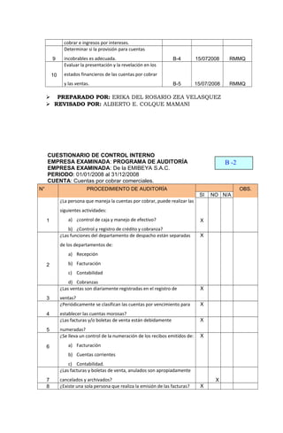 cobrar e ingresos por intereses.
9
Determinar si la provisión para cuentas
incobrables es adecuada. B-4 15/072008 RMMQ
10
Evaluar la presentación y la revelación en los
estados financieros de las cuentas por cobrar
y las ventas. B-5 15/07/2008 RMMQ
 PREPARADO POR: ERIKA DEL ROSARIO ZEA VELASQUEZ
 REVISADO POR: ALBERTO E. COLQUE MAMANI
CUESTIONARIO DE CONTROL INTERNO
EMPRESA EXAMINADA: PROGRAMA DE AUDITORÍA
EMPRESA EXAMINADA: De la EMIBEYA S.A.C.
PERIODO: 01/01/2008 al 31/12/2008
CUENTA: Cuentas por cobrar comerciales.
N° PROCEDIMIENTO DE AUDITORÍA OBS.
SI NO N/A
1
¿La persona que maneja la cuentas por cobrar, puede realizar las
siguientes actividades:
a) ¿control de caja y manejo de efectivo?
b) ¿Control y registro de crédito y cobranza?
X
2
¿Las funciones del departamento de despacho están separadas
de los departamentos de:
a) Recepción
b) Facturación
c) Contabilidad
d) Cobranzas
X
3
¿Las ventas son diariamente registradas en el registro de
ventas?
X
4
¿Periódicamente se clasifican las cuentas por vencimiento para
establecer las cuentas morosas?
X
5
¿Las facturas y/o boletas de venta están debidamente
numeradas?
X
6
¿Se lleva un control de la numeración de los recibos emitidos de:
a) Facturación
b) Cuentas corrientes
c) Contabilidad.
X
7
¿Las facturas y boletas de venta, anulados son apropiadamente
cancelados y archivados? X
8 ¿Existe una sola persona que realiza la emisión de las facturas? X
B -2
 