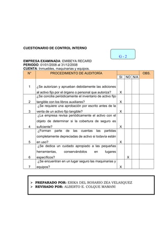 CUESTIONARIO DE CONTROL INTERNO
EMPRESA EXAMINADA: EMIBEYA RECARD
PERIODO: 01/01/2008 al 31/12/2008
CUENTA: Inmuebles, maquinarias y equipos.
N° PROCEDIMIENTO DE AUDITORÍA OBS.
SI NO N/A
1 ¿Se autorizan y aprueban debidamente las adiciones
al activo fijo por el órgano o personal que autoriza? X
2
¿Se concilia periódicamente el inventario de activo fijo
tangible con los libros auxiliares? X
3
¿Se requiere una aprobación por escrito antes de la
venta de un activo fijo tangible? X
4
¿La empresa revisa periódicamente el activo con el
objeto de determinar si la cobertura de seguro es
suficiente? X
5
¿Forman parte de las cuentas las partidas
completamente depreciadas de activo si todavía están
en uso? X
6
¿Se dedica un cuidado apropiado a las pequeñas
herramientas, conservándolos en lugares
específicos? X
7
¿Se encuentran en un lugar seguro las maquinarias y
equipos? X
G - 2
 PREPARADO POR: ERIKA DEL ROSARIO ZEA VELASQUEZ
 REVISADO POR: ALBERTO E. COLQUE MAMANI
 