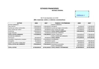 ESTADOS FINANCIEROS
BALANCE GENERAL
Al 31 de diciembre del 2008
(En nuevos soles a valores constantes)
ACTIVO 2008 2007 PASIVO Y PATRIMONIO 2008 2007
ACTIVO CORRIENTE PASIVO CORRIENTE
Caja y bancos 2’580,000.00 2’200,000.00 Sobregiros 85,000.00 1’100,000.00
Cuentas por cobrar comerciales 1’500,000.00 1’245,000.00 Cuentas por pagar comerciales 2’900,000.00 1’800,000.00
Otras cuentas por cobrar 620,000.00 550,000.00 Otras cuentas por pagar 1’110,000.00 1’290,500.00
Existencias 3’000,000.00 2’850,000.00 TOTAL, PASIVO CORRIENTE 4’095,000.00 4’190,500.00
Cargas diferidas 150,000.00 170,000.00 PASIVO NO CORRIENTE
TOTAL, ACTIVO CORRIENTE 7’470,000.00 7’395,000.00 Deudas a largo plazo 2’640,000.00 2’780,000.00
ACTIVO NO CORRIENTE TOTAL, PASIVO NO CORRIENTE 2’640,000.00 2’780,000.00
Inversiones 820,000.00 740,000.00 TOTAL, PASIVO 6’735,000.00 6’970,500.00
Inmuebles, maquinarias y equipos 7’380,000.00 8’100,000.00 PATRIMONIO
Intangibles 265,000.00 240,500.00 Capital 7’640,000.00 7’500,000.00
Cuentas por cobrar a largo plazo 75,000.00 340,000.00 Reserva legal 560,000.00 485,000.00
TOTAL, ACTIVO NO CORRIENTE 8’920,000.00 9’420,500.00 Resultados acumulados 1’455,000.00 1’480,000.00
TOTAL, PATRIMONIO 9’655,000.00 9’465,000.00
TOTAL, ACTIVO 16’390,000.00 16’435,500.00 TOTAL, PASIVO Y PATRIMONIO 16’390,000.00 16'435,500.00
CEDULA: I
 