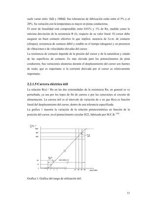 11
suele variar entre 1kΩ y 100kΩ. Sus tolerancias de fabricación están entre el 5% y el
20%. Su variación con la temperatura es mayor en pistas conductoras.
El error de linealidad está comprendido entre 0,01% y 1% de Rn, medido como la
máxima desviación de la resistencia R (l), respecto de su valor lineal. El cursor debe
asegurar un buen contacto eléctrico lo que implica: ausencia de f.e.m. de contacto
(chispas), resistencia de contacto débil y estable en el tiempo (desgaste) y en presencia
de vibraciones o de velocidades elevadas del cursor.
La resistencia de contacto depende de la presión del cursor y de la naturaleza y estado
de las superficies de contacto. Es más elevada para los potenciómetros de pista
conductora. Sus variaciones aleatorias durante el desplazamiento del cursor son fuentes
de ruido, que es importante si la corriente derivada por el cursor es relativamente
importante.
2.2.1.5 Carrera eléctrica útil
La relación R(x) / Rn en las dos extremidades de la resistencia Rn, en general se ve
perturbada, ya sea por los topes de fin de carrera o por las conexiones al circuito de
alimentación. La carrera útil es el intervalo de variación de x en que R(x) es función
lineal del desplazamiento del cursor, dentro de una tolerancia especificada.
La grafica 1 muestra la variación de la relación potenciométrica en función de la
posición del cursor, en el potenciómetro circular H22, fabricado por M.C.B. [30]
Grafica 1: Gráfica del rango de utilización útil.
 