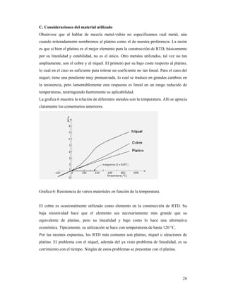 28
C. Consideraciones del material utilizado
Obsérvese que al hablar de mezcla metal-vidrio no especificamos cual metal, aún
cuando reiteradamente nombremos al platino como el de nuestra preferencia. La razón
es que si bien el platino es el mejor elemento para la construcción de RTD, básicamente
por su linealidad y estabilidad, no es el único. Otro metales utilizados, tal vez no tan
ampliamente, son el cobre y el níquel. El primero por su bajo coste respecto al platino,
lo cual en el caso es suficiente para tolerar un coeficiente no tan lineal. Para el caso del
níquel, tiene una pendiente muy pronunciada, lo cual se traduce en grandes cambios en
la resistencia, pero lamentablemente esta respuesta es lineal en un rango reducido de
temperaturas, restringiendo fuertemente su aplicabilidad.
La grafica 6 muestra la relación de diferentes metales con la temperatura. Allí se aprecia
claramente los comentarios anteriores.
Grafica 6: Resistencia de varios materiales en función de la temperatura.
El cobre es ocasionalmente utilizado como elemento en la construcción de RTD. Su
baja resistividad hace que el elemento sea necesariamente más grande que su
equivalente de platino, pero su linealidad y bajo costo lo hace una alternativa
económica. Típicamente, su utilización se hace con temperaturas de hasta 120 °C.
Por las razones expuestas, los RTD más comunes son platino, níquel o aleaciones de
platino. El problema con el níquel, además del ya visto problema de linealidad, es su
corrimiento con el tiempo. Ningún de estos problemas se presentan con el platino.
 