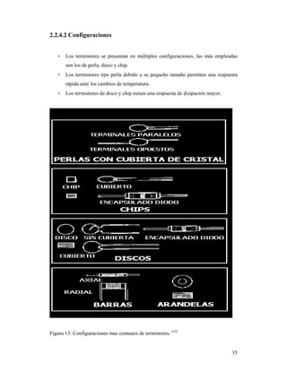 35
2.2.4.2 Configuraciones
• Los termistores se presentan en múltiples configuraciones, las más empleadas
son los de perla, disco y chip.
• Los termistores tipo perla debido a su pequeño tamaño permiten una respuesta
rápida ante los cambios de temperatura.
• Los termistores de disco y chip tienen una respuesta de disipación mayor.
Figura 13: Configuraciones mas comunes de termistores. [33]
 