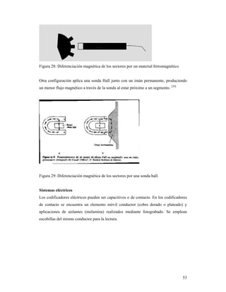 53
Figura 28: Diferenciación magnética de los sectores por un material ferromagnético
Otra configuración aplica una sonda Hall junto con un imán permanente, produciendo
un menor flujo magnético a través de la sonda al estar próximo a un segmento. [29]
Figura 29: Diferenciación magnética de los sectores por una sonda hall.
Sistemas eléctricos
Los codificadores eléctricos pueden ser capacitivos o de contacto. En los codificadores
de contacto se encuentra un elemento móvil conductor (cobre dorado o plateado) y
aplicaciones de aislantes (melamina) realizados mediante fotograbado. Se emplean
escobillas del mismo conductor para la lectura.
 