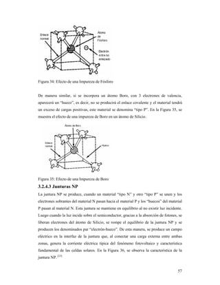 57
Figura 34: Efecto de una Impureza de Fósforo
De manera similar, si se incorpora un átomo Boro, con 3 electrones de valencia,
aparecerá un “hueco”, es decir, no se producirá el enlace covalente y el material tendrá
un exceso de cargas positivas, este material se denomina “tipo P”. En la Figura 35, se
muestra el efecto de una impureza de Boro en un átomo de Silicio.
Figura 35: Efecto de una Impureza de Boro
3.2.4.3 Junturas NP
La juntura NP se produce, cuando un material “tipo N” y otro “tipo P” se unen y los
electrones sobrantes del material N pasan hacia el material P y los “huecos” del material
P pasan al material N. Esta juntura se mantiene en equilibrio al no existir luz incidente.
Luego cuando la luz incide sobre el semiconductor, gracias a la absorción de fotones, se
liberan electrones del átomo de Silicio, se rompe el equilibrio de la juntura NP y se
producen los denominados par “electrón-hueco”. De esta manera, se produce un campo
eléctrico en la interfaz de la juntura que, al conectar una carga externa entre ambas
zonas, genera la corriente eléctrica típica del fenómeno fotovoltaico y característica
fundamental de las celdas solares. En la Figura 36, se observa la característica de la
juntura NP. [23]
 