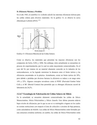 62
D. Eficiencia Máxima y Pérdidas
En el año 1963, el científico J.J. Loferski calculó las máximas eficiencias teóricas para
las celdas solares para diversos materiales. En la grafica 13, se observa la curva
obtenida por Loferski [JF63]. [23]
Grafica 13: Eficiencia Máxima de las Celdas Solares
Como se observa, los materiales que presentan las mayores eficiencias son los
compuestos de GaAs, CdTe y AlSb. Sin embargo, éstos actualmente se encuentran en
proceso de experimentación, por lo cual no están mayormente comercializados. En el
caso del Si, por tratarse de un material altamente conocido en la industria de los
semiconductores, se ha logrado minimizar la distancia entre el límite teórico y las
eficiencias encontradas en la práctica. Actualmente, existe un límite teórico de 28%,
pero debido a pérdidas por diversos factores la eficiencia se reduce a un rango entre
14% y 22%. Algunos conceptos novedosos como el PESC (Pasivated Emitter Solar
Cell) y el BC (Buried Contact) han permitido que se obtengan eficiencias record de
laboratorio de 24,2%.
3.2.4.7 Tecnología de Fabricación de Celdas Solares de Silicio
En la actualidad, se encuentra altamente comercializadas las celdas de Silicio
Monocristalino, Silicio Policristalino y Silicio Amorfo. Este último presenta todavía
bajos niveles de eficiencias, por lo que su uso se ve restringido a lugares en los cuales
no existan restricciones con respecto al área de colección o circuitos de baja potencia,
como calculadoras de bolsillo. Las celdas de Silicio Monocristalino están formadas por
una estructura cristalina uniforme; en cambio, las celdas de Silicio Policristalino están
 