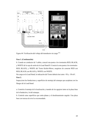 69
Figura 44: Verificación del voltaje del transductor sin carga [52]
Paso 1. (Continuación)
b. Usando un conductor de 3 cables, conecté una punta a los terminales RED, BLACK,
y WHITE de la caja de unión de la Load Stand II. Conecte la otra punta a los terminales
RED, BLACK, y WHITE del Tester Kistler-Morse, asegúrese de conectar RED con
RED, BLACK con BLACK y WHITE con WHITE.
Sin carga en la Load Stand, la indicación del Tester debería leer entre +50 y –50 mV.
Paso 2.
Inspeccione las fundaciones y superficies de montaje del estanque que acoplaran con los
flanges de la Load Stand.
a. Controle el montaje de la localización y tamaño de los agujeros tanto en la placa base
de la fundación y la del estanque.
b. Controle estas superficies que estén planas y el desalineamiento angular. Una placa
base con tuercas de nivel es recomendado.
 