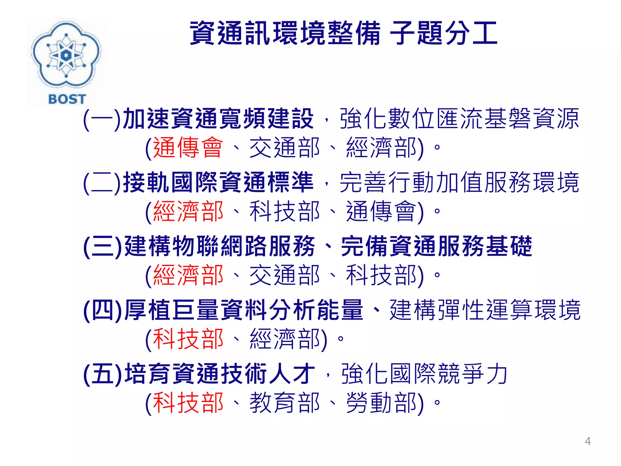 資通訊環境整備 子題分工
(一)加速資通寬頻建設，強化數位匯流基磐資源
(通傳會、交通部、經濟部)。
(二)接軌國際資通標準，完善行動加值服務環境
(經濟部、科技部、通傳會)。
(三)建構物聯網路服務、完備資通服務基礎
(經濟部、交通部、科技部)。
(四)厚植巨量資料分析能量、建構彈性運算環境
(科技部、經濟部)。
(五)培育資通技術人才，強化國際競爭力
(科技部、教育部、勞動部)。
4
 