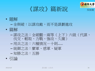 《謀攻》篇新說
• 題解
– 全與破：以謀攻敵，而不是謀劃進攻
• 篇解
– 謀攻之法：全破觀－兩等（上下）六級（代謀、
伐交、輕取、力戰、強攻、久圍）
– 用兵之法：六種情況－十則……
– 統御之法：縻軍、惑軍、疑軍
– 知勝之法：五勝
• 引論
謀攻篇－王長河 38
吳如嵩
2015/4/9
 