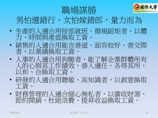 職場謀勝
男怕選錯行，女怕嫁錯郎，量力而為
• 生產的人適合用按部就班、循規蹈矩者，以體
力、時間與產值換取工資。
• 銷售的人適合用能言善道、面容姣好、善交際
者，以業績換取工資。
• 人事的人適合用狗腿者，能了解企業群體所有
人的心與其工作績效，善人適任，各得其所，
以和、合換取工資。
• 研發的人適合用聰敏、高知識者，以創意換取
工資。
• 財務管理的人適合細心無私者，以廣收財源、
節約開銷、杜絕浪費、提昇收益換取工資。
謀攻篇－王長河 522015/4/9
 