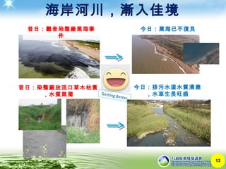 海岸河川，漸入佳境
13
昔日：觀音染整廠黑海事
件
今日：黑海已不復見
今日：排污水道水質清澈
，水草生長旺盛
昔日：染整廠放流口草木枯黃
，水質黑濁 Getting Better
 