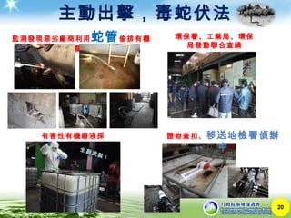 主動出擊，毒蛇伏法
20
監測發現惡劣廠商利用蛇管偷排有機
廢液
環保署、工業局、環保
局發動聯合查緝
有害性有機廢液採
樣
證物查扣、移送地檢署偵辦
中全副武裝 !
 