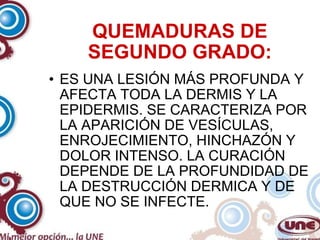 QUEMADURAS DE SEGUNDO GRADO: ES UNA LESIÓN MÁS PROFUNDA Y AFECTA TODA LA DERMIS Y LA EPIDERMIS. SE CARACTERIZA POR LA APARICIÓN DE VESÍCULAS, ENROJECIMIENTO, HINCHAZÓN Y DOLOR INTENSO. LA CURACIÓN DEPENDE DE LA PROFUNDIDAD DE LA DESTRUCCIÓN DERMICA Y DE QUE NO SE INFECTE. 