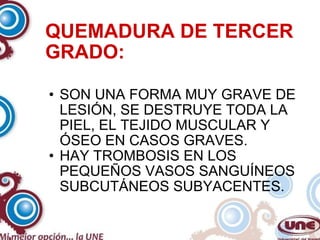QUEMADURA DE TERCER GRADO: SON UNA FORMA MUY GRAVE DE LESIÓN, SE DESTRUYE TODA LA PIEL, EL TEJIDO MUSCULAR Y ÓSEO EN CASOS GRAVES.  HAY TROMBOSIS EN LOS PEQUEÑOS VASOS SANGUÍNEOS SUBCUTÁNEOS SUBYACENTES. 
