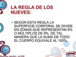 LA REGLA DE LOS NUEVES: SEGÚN ESTA REGLA LA SUPERFICIE CORPORAL SE DIVIDE EN ZONAS QUE REPRESENTAN 9% O MÚLTIPLOS DE 9%. DE TAL MANERA QUE LA SUMA DE TODO EL CUERPO EQUIVALE AL 100%. 