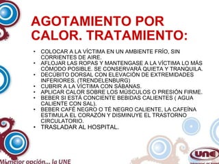 AGOTAMIENTO POR CALOR. TRATAMIENTO: COLOCAR A LA VÍCTIMA EN UN AMBIENTE FRÍO, SIN CORRIENTES DE AIRE. AFLOJAR LAS ROPAS Y MANTENGASE A LA VÍCTIMA LO MÁS CÓMODO POSIBLE. SE CONSERVARÁ QUIETA Y TRANQUILA. DECÚBITO DORSAL CON ELEVACIÓN DE EXTREMIDADES INFERIORES. (TRENDELENBURG) CUBRIR A LA VÍCTIMA CON SÁBANAS. APLICAR CALOR SOBRE LOS MÚSCULOS O PRESIÓN FIRME. BEBER SI ESTÁ CONCIENTE BEBIDAS CALIENTES ( AGUA CALIENTE CON SAL). BEBER CAFÉ NEGRO O TÉ NEGRO CALIENTE, LA CAFEÍNA ESTIMULA EL CORAZÓN Y DISMINUYE EL TRASTORNO CIRCULATORIO. TRASLADAR AL HOSPITAL. 