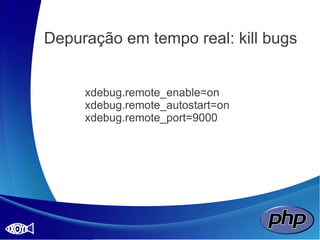 Exemplo de código
<?php
require_once 'libs/funcoes.class.php';

 $db = new SQLite3('arquivos/banco.sqlite');

 $result = $db->query('SELECT * FROM teste') or die('Ocorreu um erro!');

 $retorno = '';
while ($row = $result->fetchArray(SQLITE3_ASSOC))
    $retorno.= funcoes::parseRegistroToXml($row)."n";

 $xml =
funcoes::getXmlHeader('relatorio')."<relatorio>$retorno</relatorio>";

 define ('JAVA_HOSTS', '127.0.0.1:9080');
require_once 'libs/JasperReports/JasperReports.class.php';

 $jasperReport = new JasperReports();
 $jasperReport->setJasperFile('arquivos/report1.jasper');
 $jasperReport->setXML($xml, '/relatorio/record');
 $jasperReport->setParameter('IMAGEM_01', 'img/jasper.gif');
 $jasperReport->setParameter('IMAGEM_02', 'img/php.png');
 $jasperReport->setParameter('IMAGEM_03', 'img/charge_01.jpg');
 $jasperReport->downloadPdf('teste.pdf');
?>
 