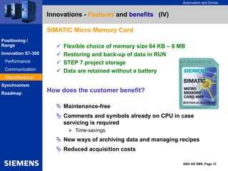 Automation and Drives
A&D AS SM6, Page 12
Innovations - Features and benefits (IV)
SIMATIC Micro Memory Card
 Flexible choice of memory size 64 KB – 8 MB
 Restoring and back-up of data in RUN
 STEP 7 project storage
 Data are retained without a battery
How does the customer benefit?
 Maintenance-free
 Comments and symbols already on CPU in case
servicing is required
 Time-savings
 New ways of archiving data and managing recipes
 Reduced acquisition costs
Positioning /
Range
Innovation S7-300
Performance
Communication
Miscellaneous
Synchronism
Roadmap
 