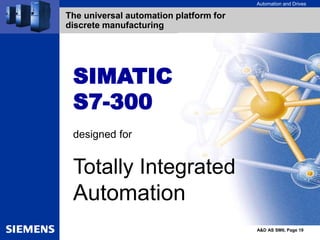 Automation and Drives
A&D AS SM6, Page 19
SIMATIC
S7-300
designed for
Totally Integrated
Automation
The universal automation platform for
discrete manufacturing
 