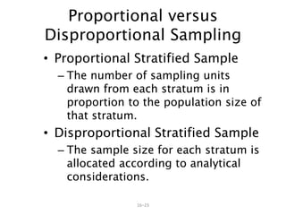 16–23
• Proportional Stratified Sample
– The number of sampling units
drawn from each stratum is in
proportion to the population size of
that stratum.
• Disproportional Stratified Sample
– The sample size for each stratum is
allocated according to analytical
considerations.
Proportional versus
Disproportional Sampling
 