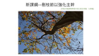 新課綱--刪枝節以強化主幹
(附檔-新舊課剛學習內容比較生物篇、化學篇)
 