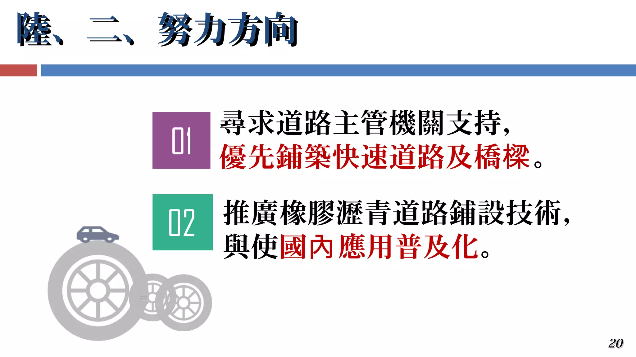2020
陸、二、努力方向陸、二、努力方向
尋求道路主管機關支持，
優先鋪築快速道路及橋樑。
推廣橡膠瀝青道路鋪設技術，
與使國 應用普及化內 。
01
02
 