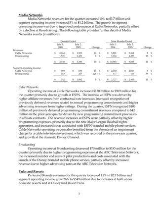 3
Media Networks
Media Networks revenues for the quarter increased 10% to $3.7 billion and
segment operating income increased 5% to $1.2 billion. The growth in segment
operating income was due to improved performance at Cable Networks, partially offset
by a decline at Broadcasting. The following table provides further detail of Media
Networks results (in millions):
Quarter Ended Nine Months Ended
July 1,
2006
July 2,
2005 Change
July 1,
2006
July 2,
2005 Change
Revenues:
Cable Networks $ 2,164 $ 1,933 12 % $ 5,801 $ 5,362 8 %
Broadcasting 1,576 1,453 8 % 5,164 4,493 15 %
$ 3,740 $ 3,386 10 % $ 10,965 $ 9,855 11 %
Segment operating income:
Cable Networks $ 969 $ 839 15 % $ 2,150 $ 2,047 5 %
Broadcasting 183 253 (28 ) % 577 416 39 %
$ 1,152 $ 1,092 5 % $ 2,727 $ 2,463 11 %
Cable Networks
Operating income at Cable Networks increased $130 million to $969 million for
the quarter primarily due to growth at ESPN. The increase at ESPN was driven by
higher affiliate revenues from contractual rate increases, increased recognition of
previously deferred revenues related to annual programming commitments and higher
advertising revenues from higher ratings. During the quarter, ESPN recognized $106
million of previously deferred programming commitment revenues compared to $42
million in the prior-year quarter driven by new programming commitment provisions
in affiliate contracts. The revenue increases at ESPN were partially offset by higher
programming expenses, primarily due to the new Major League Baseball rights
agreement, and increased costs associated with ESPN branded mobile phone services.
Cable Networks operating income also benefited from the absence of an impairment
charge for a cable television investment, which was recorded in the prior-year quarter,
and growth at the domestic Disney Channel.
Broadcasting
Operating income at Broadcasting decreased $70 million to $183 million for the
quarter primarily due to higher programming expenses at the ABC Television Network,
the increased number and costs of pilot productions and costs associated with the
launch of the Disney branded mobile phone service, partially offset by increased
revenue due to higher advertising rates at the ABC Television Network.
Parks and Resorts
Parks and Resorts revenues for the quarter increased 11% to $2.7 billion and
segment operating income grew 26% to $549 million due to increases at both of our
domestic resorts and at Disneyland Resort Paris.
 