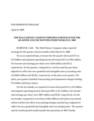 FOR IMMEDIATE RELEASE

April 25, 2002


   THE WALT DISNEY COMPANY REPORTS EARNINGS FOR THE
      QUARTER AND SIX MONTHS ENDED MARCH 31, 2002


      BURBANK, Calif. – The Walt Disney Company today reported
earnings for the quarter and six months ended March 31, 2002.
      On an as-reported basis, revenues for the quarter decreased 2% to
$5.9 billion and segment operating income decreased 32% to $702 million.
Net income and earnings per share were $259 million and $0.13,
respectively, for the quarter, compared to a net loss and loss per share
adjusted to reflect the new goodwill and intangible asset accounting rules
of ($449) million and ($0.21), respectively, in the prior-year quarter. The
prior-year quarter included restructuring and impairment charges totaling
$1.0 billion ($0.44 per share).
      For the six months, as-reported revenues decreased 4% to $13 billion
and segment operating income decreased 36% to $1.5 billion. Net income
and earnings per share were $697 million and $0.34, respectively, for the
six months, compared to a net loss of ($9) million in the prior-year period,
which is before the effect of accounting changes and has been adjusted to
reflect the new goodwill and intangible asset accounting rules. The quarter
and six-month period results include the operations of ABC Family,
 