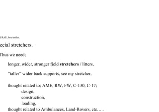 d RAP, box trailer.
ecial stretchers.
Thus we need;
longer, wider, stronger field stretchers / litters,
“taller” wider back supports, see my stretcher,
thought related to; AME, RW, FW, C-130, C-17;
design,
construction,
loading,
thought related to Ambulances, Land-Rovers, etc…..
 