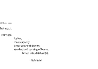 d RAP, box trailer.
What next;
copy and,
lighter,
more capacity,
better centre of gravity,
standardized packing of boxes,
hence lists, database(s),
Field trial
 