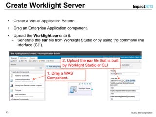 1313 © 2013 IBM Corporation
Create Worklight Server
•  Create a Virtual Application Pattern.
•  Drag an Enterprise Application component.
•  Upload the Worklight.ear onto it.
‒  Generate this ear file from Worklight Studio or by using the command line
interface (CLI).
1. Drag a WAS
Component.
2. Upload the ear file that is built
by Worklight Studio or CLI
 