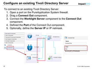 2222 © 2013 IBM Corporation
Configure an existing Tivoli Directory Server
To connect to an existing Tivoli Directory Server:
1.  Open a port on the PureApplication System firewall.
2.  Drag a Connect Out component.
3.  Connect the Worklight Server component to the Connect Out
component.
4.  Defined the Port of the Connect Out component.
5.  Optionally, define the Server IP or IP netmask.
 