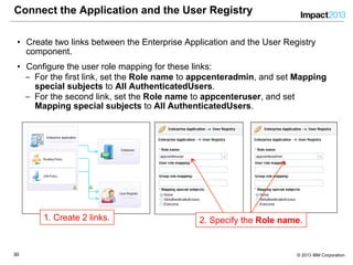 3030 © 2013 IBM Corporation
Connect the Application and the User Registry
•  Create two links between the Enterprise Application and the User Registry
component.
•  Configure the user role mapping for these links:
‒  For the first link, set the Role name to appcenteradmin, and set Mapping
special subjects to All AuthenticatedUsers.
‒  For the second link, set the Role name to appcenteruser, and set
Mapping special subjects to All AuthenticatedUsers.
1. Create 2 links. 2. Specify the Role name.
 