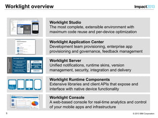 55 © 2013 IBM Corporation
Worklight Server
Unified notifications, runtime skins, version
management, security, integration and delivery
Worklight Console
A web-based console for real-time analytics and control
of your mobile apps and infrastructure
Worklight Studio
The most complete, extensible environment with
maximum code reuse and per-device optimization
Worklight overview
Worklight Runtime Components
Extensive libraries and client APIs that expose and
interface with native device functionality←
Worklight Application Center
Development team provisioning, enterprise app
provisioning and governance, feedback management
 