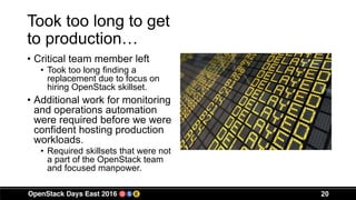 20
Took too long to get
to production…
• Critical team member left
• Took too long finding a
replacement due to focus on
hiring OpenStack skillset.
• Additional work for monitoring
and operations automation
were required before we were
confident hosting production
workloads.
• Required skillsets that were not
a part of the OpenStack team
and focused manpower.
 