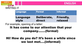 ENGLISH
WRITING IT
        Language        Formal          Informal

        Language          Deliberate,   Friendly,
        style             direct        relaxed
For example, opening of a letter:
   It has come to our attention that your
            company…….(formal)

Hi! How do you do? It’s been a while since
         we last met….(informal)
 