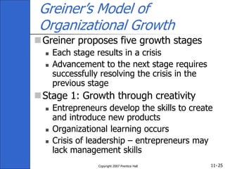 11-
Copyright 2007 Prentice Hall 25
Greiner’s Model of
Organizational Growth
Greiner proposes five growth stages
 Each stage results in a crisis
 Advancement to the next stage requires
successfully resolving the crisis in the
previous stage
Stage 1: Growth through creativity
 Entrepreneurs develop the skills to create
and introduce new products
 Organizational learning occurs
 Crisis of leadership – entrepreneurs may
lack management skills
 