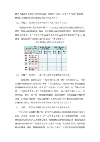 標準？(4)哪些產業從未提供的因素，應該被「新增」出來？等四項行動架構，
構思對企業顧客的創新價值服務模式與服務內容。
（五）步驟五、服務組合要素與服務切入點、服務方向設計
經過前述步驟、配合策略草圖，可以清楚地協助製造業者規劃出服務的切入
環節、服務內容與對顧客之效益；至於服務內容所要處理的對象，則可參考陳覺
[4]提出的概念，從「差異化程度 vs 顧客參與程度 vs 服務所要處理的對象」3 個
維度，進行服務內容處理對象的細部設計，如下圖所示。
表 2 服務內容設計的參考維度表
（六）步驟六、服務前台、後台等合作夥伴規劃與服務流程設計
「服務流程」設計的方法，一般用者的有三種：(1)「生產線設計法」，用於
設計標準化程度高的服務流程。(2)「自助式服務法」，用於設計顧客參與服務提
供過程程度高的服務流程。透過 ICT 的應用，可使得「服務」的「勞動成本降
低」、「平衡服務需求」與「提高服務個性化程度」。(3)「顧客接觸設計法」，多
應用於以「物品」為主要「服務處理的對象」的服務類型，依據與顧客接觸程度
高低，各項設計因素有不同的注意要點。此種方法較符合多數企業組織的特徵，
因應用較為廣泛，特別適合製造業發展服務化的服務流程設計。
（七）步驟七、設計新營運模式服務流程與服務水準衡量指標
在完成以上的規劃步驟之後，初步已完成服務內容與服務提供流程的規劃；
因此，必須進一步規劃「服務」的「品質衡量指標」與「關鍵績效指標」，以落
實製造業服務化規劃方案後續在建置、維運過程的管理與服務改善。製造業資訊
應用創新服務模式的「關鍵績效指標」，應與一開始「焦點顧客選擇」的營運策
略有所關連。透過「關鍵績效指標」的反應，企業可以了解所發展的創新服務對
 