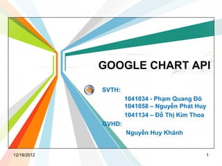 GOOGLE CHART API

             SVTH:
                     1041034 - Phạm Quang Đô
                     1041058 – Nguyễn Phát Huy
                     1041134 – Đỗ Thị Kim Thoa
             GVHD:
                     Nguyễn Huy Khánh


12/18/2012                                       1
 