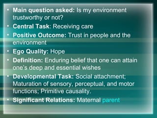 • Main question asked: Is my environment
trustworthy or not?
• Central Task: Receiving care
• Positive Outcome: Trust in people and the
environment
• Ego Quality: Hope
• Definition: Enduring belief that one can attain
one’s deep and essential wishes
• Developmental Task: Social attachment;
Maturation of sensory, perceptual, and motor
functions; Primitive causality.
• Significant Relations: Maternal parent
 