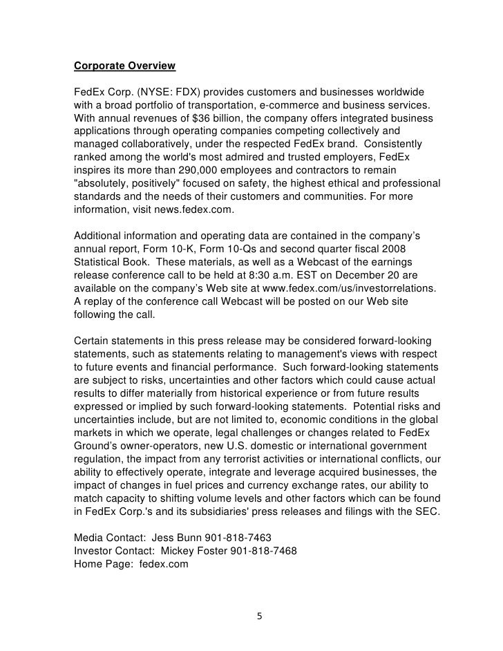 FedEx Corp. Reports Second Quarter Earnings Dec 20, 2007