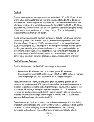FedEx Reports Third Quarter Earnings Mar 21, 2007 