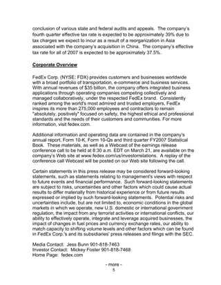 FedEx Reports Third Quarter Earnings Mar 21, 2007 